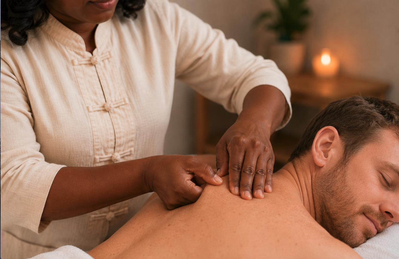 Acupressure therapy using gentle pressure on a patient’s shoulder and upper back