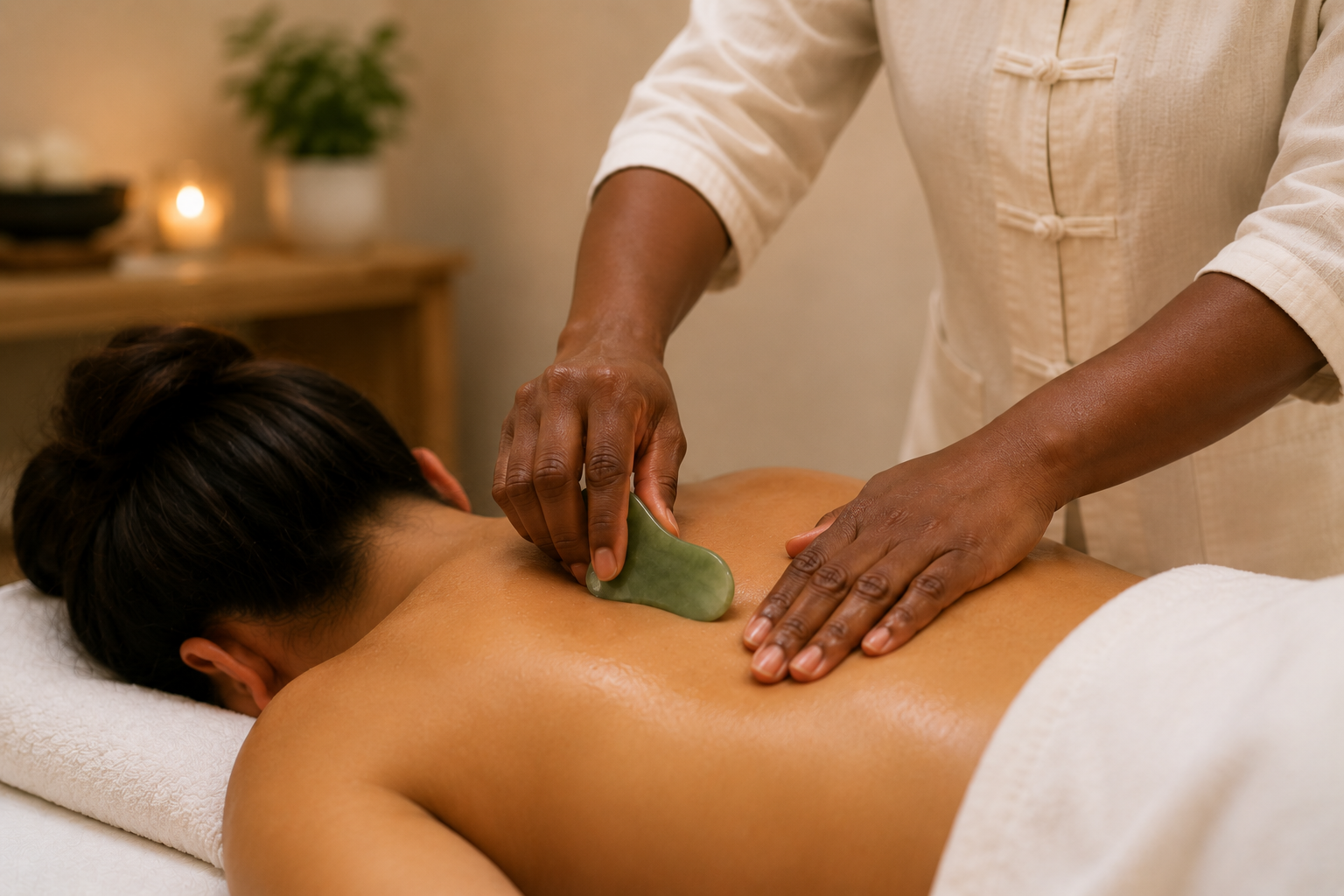 Gua sha therapy using a smooth-edged tool on a patient’s back