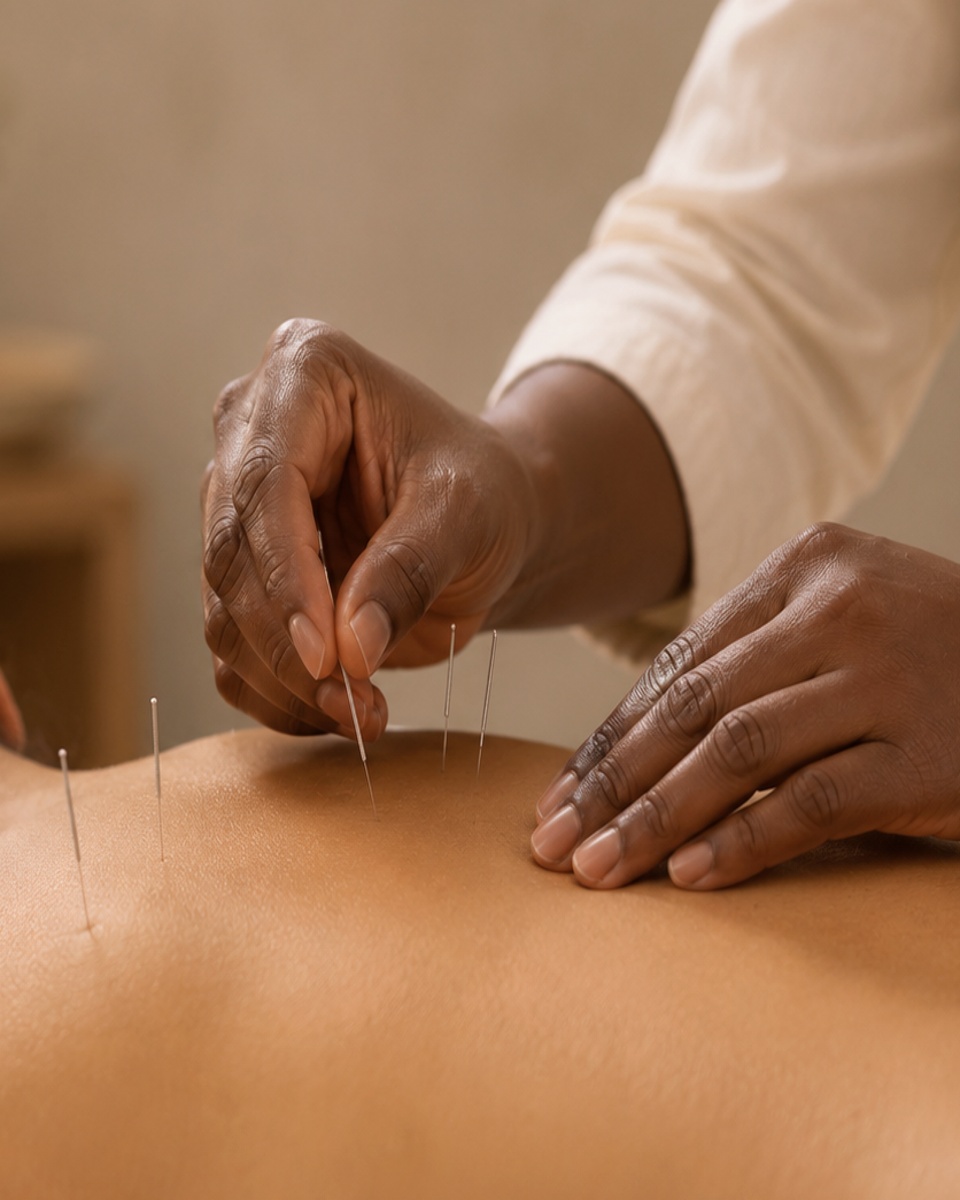 Acupuncture treatment with practitioner placing fine needles